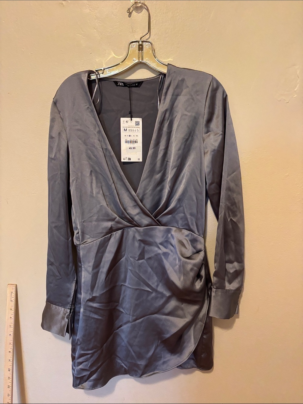 Zara Silver-Gray Satin Wrap Mini Dress